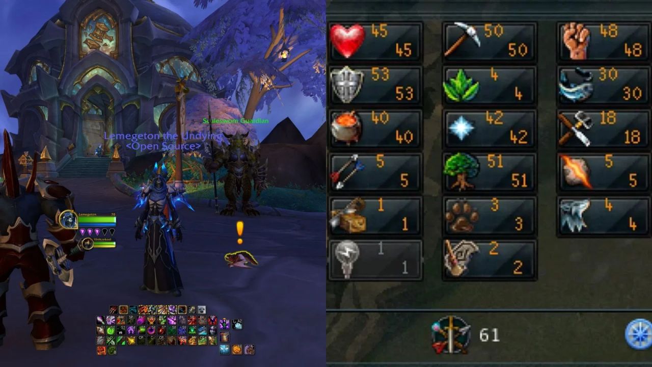 Cada classe tem seu próprio conjunto de habilidades no WoW, em comparação com um para todos no RS/OSRS. (Imagem via Blizzard || Jagex)