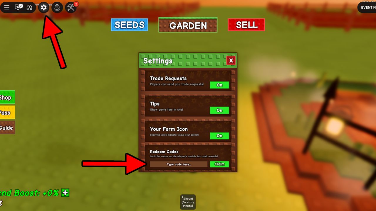 Grow a Garden - the redeem codes screen in Grow a Garden inside Roblox