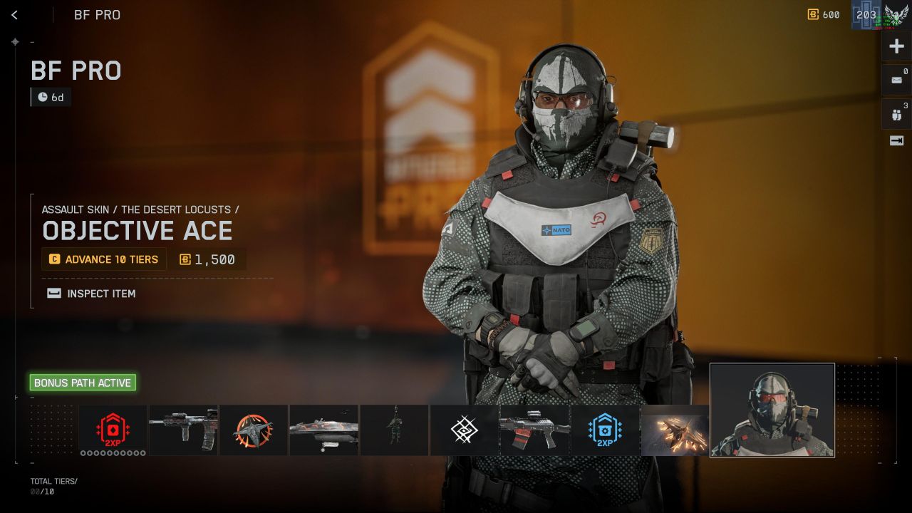 r/Battlefield - BF PRO B; 600 203 16/ 240.0 BF PRO 6d 3 ASSAULT SKIN THE DESERT LOCUSTS / OBJECTIVE ACE NATO ADVANCE 10 TIERS 1,500 INSPECT ITEM BONUS PATH ACTIVE 2XP 2XP TOTAL TIERSI 00/10
