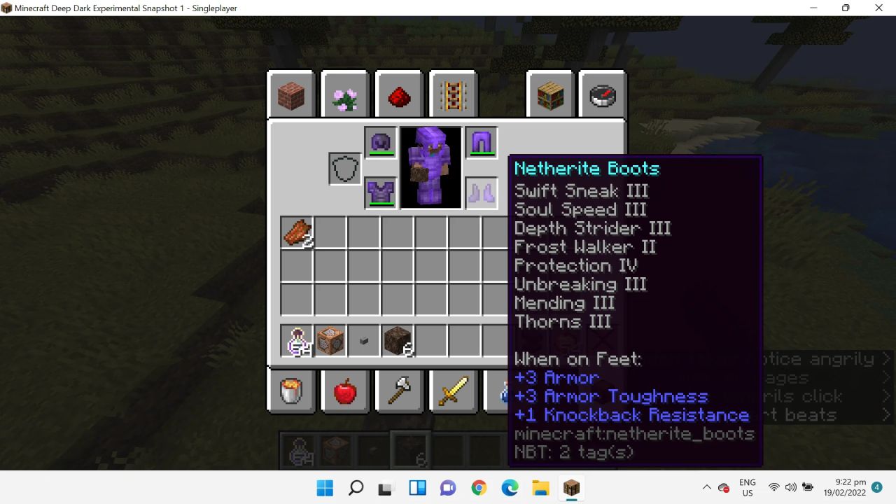 Minecraft deveria adicionar mais encantamentos para o capacete... olha  quanta enchants eu consigo colocar nas botas (Swift Sneak é um novo  encantamento do snapshot 1.19) [nota lateral: eu usei um bloco de