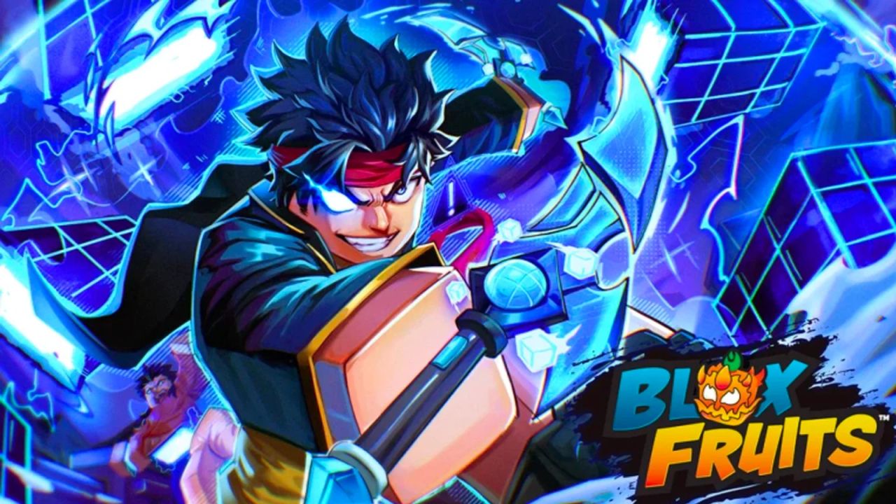 Ilustração para o jogo Blox Fruits do Roblox, mostrando um personagem inspirado em anime carregando um ataque mágico.