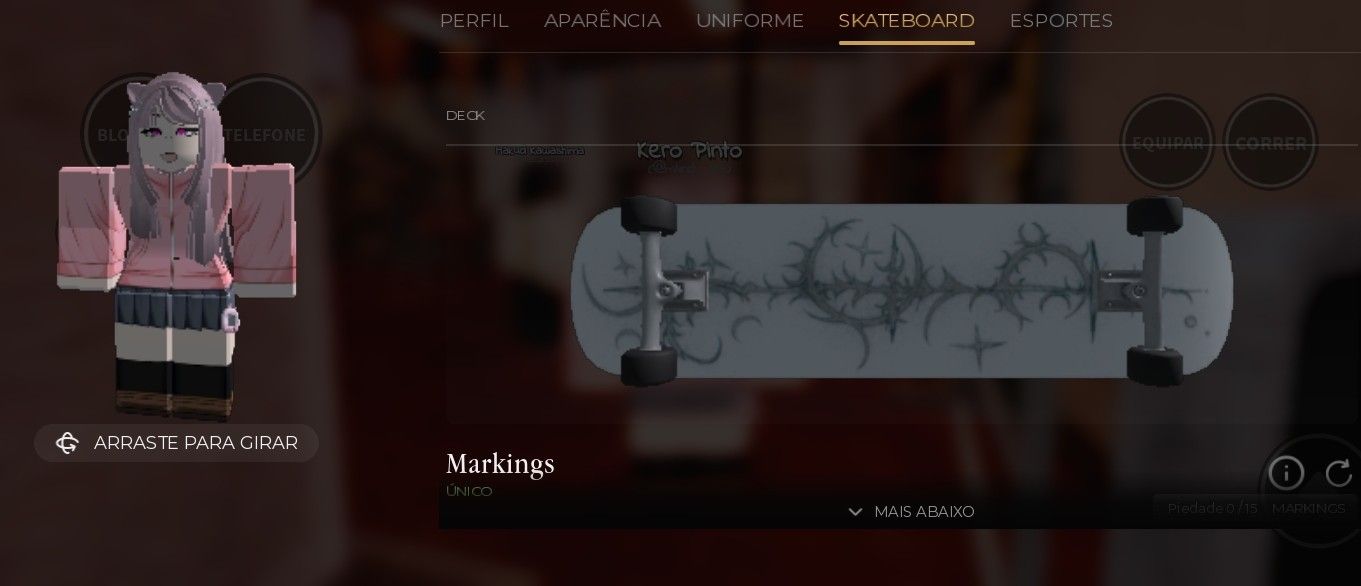 Conta feminina gakuran com cabelo rosa, skate e itens raros.
