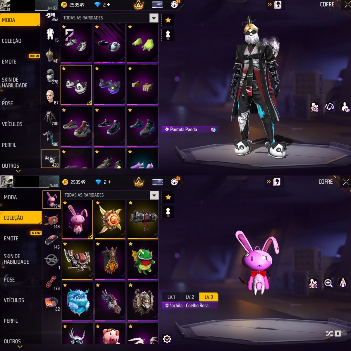 CONTA FREE FIRE LVL 80 COM DIVERSOS ITENS E PASSES ANTIGOS