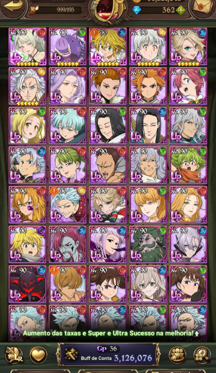 Conta 7ds grand cross Collab Persona5 personagens pvp e 362 a 400 diamantes