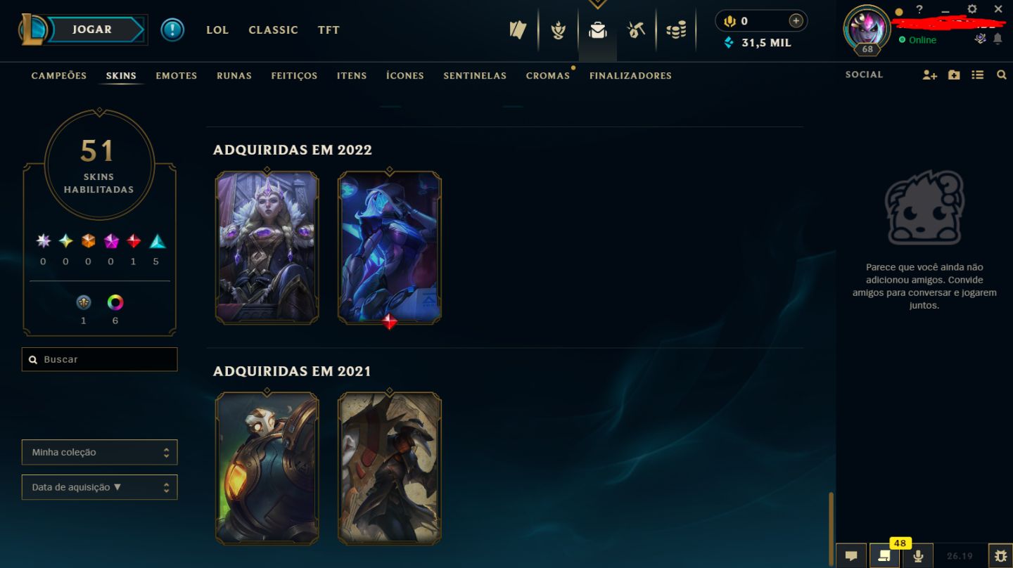 CONTA DIAMANTE 2 BOAS SKINS, TROCA DE NICK DISPONÍVEL, 30K EA, ANTI-BAN