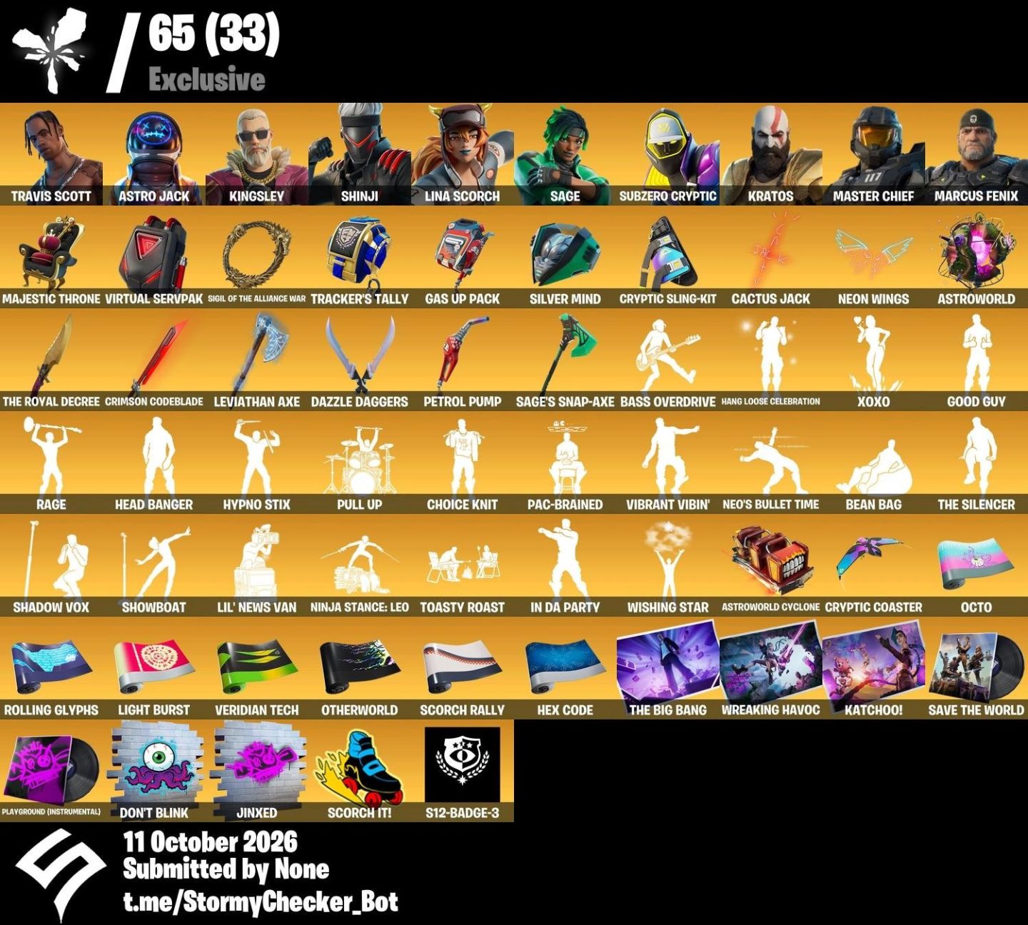 TRAVIS SCOTT/ KRATOS GOLD/ ASTRO JACK/ MARCUS FENIX/ EMOTE SW2 + 150 JOGOS EPIC
