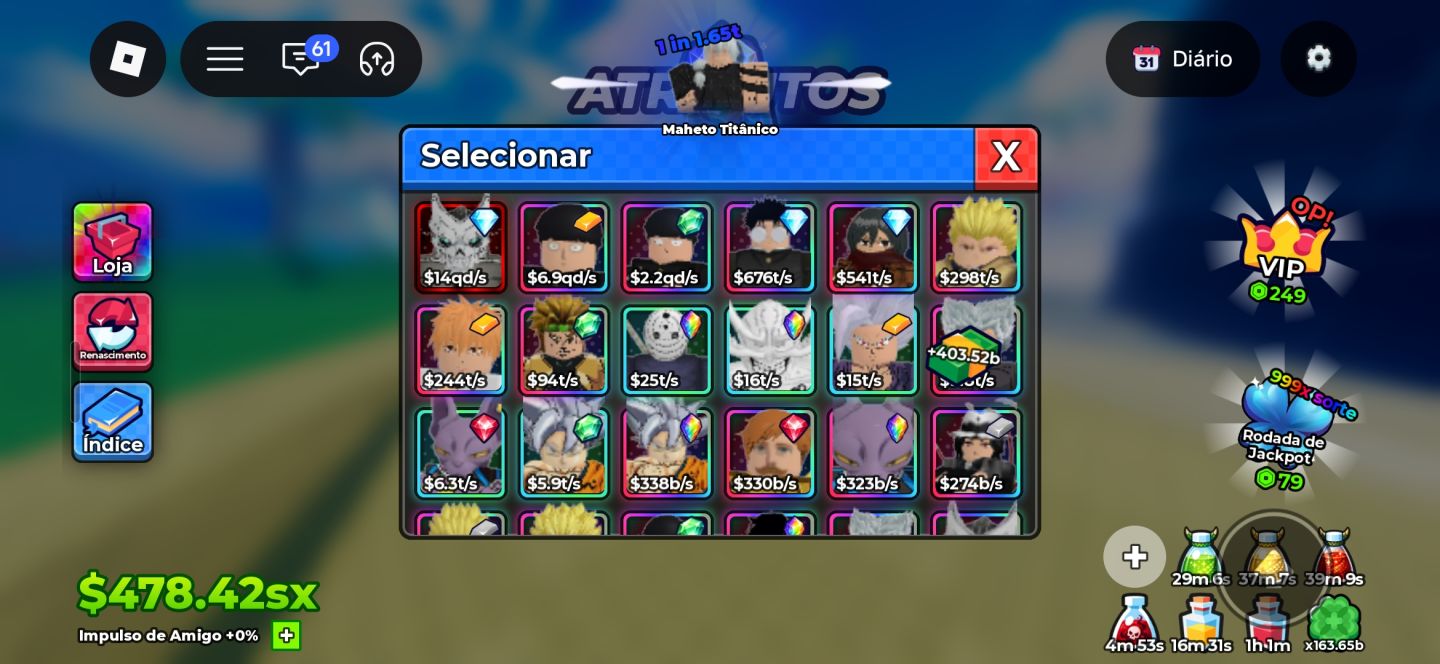CONTA DE ANIME DICE COM PERSONAGENS COM MAIS DE 1QD/S