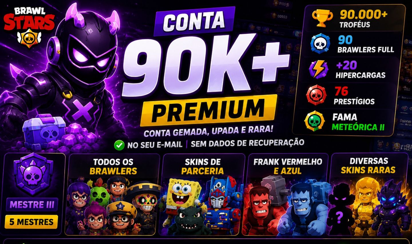 (PROMOÇÃO) CONTA BRAWL STARS 90K+ | 90 BRAWLERS FULL | MESTRE III | SKINS RARAS