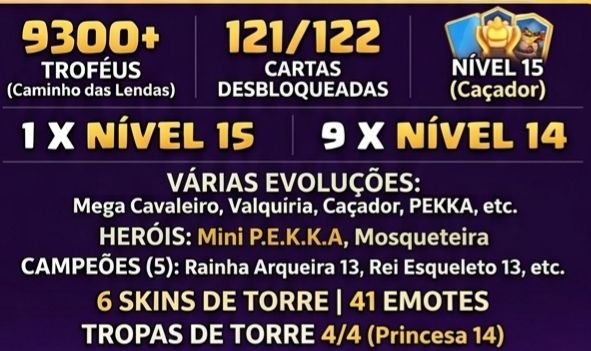 Conta Clash Royale 9320 Troféus/ 121/122 cartas/ Há algumas evolução e 2 heróis