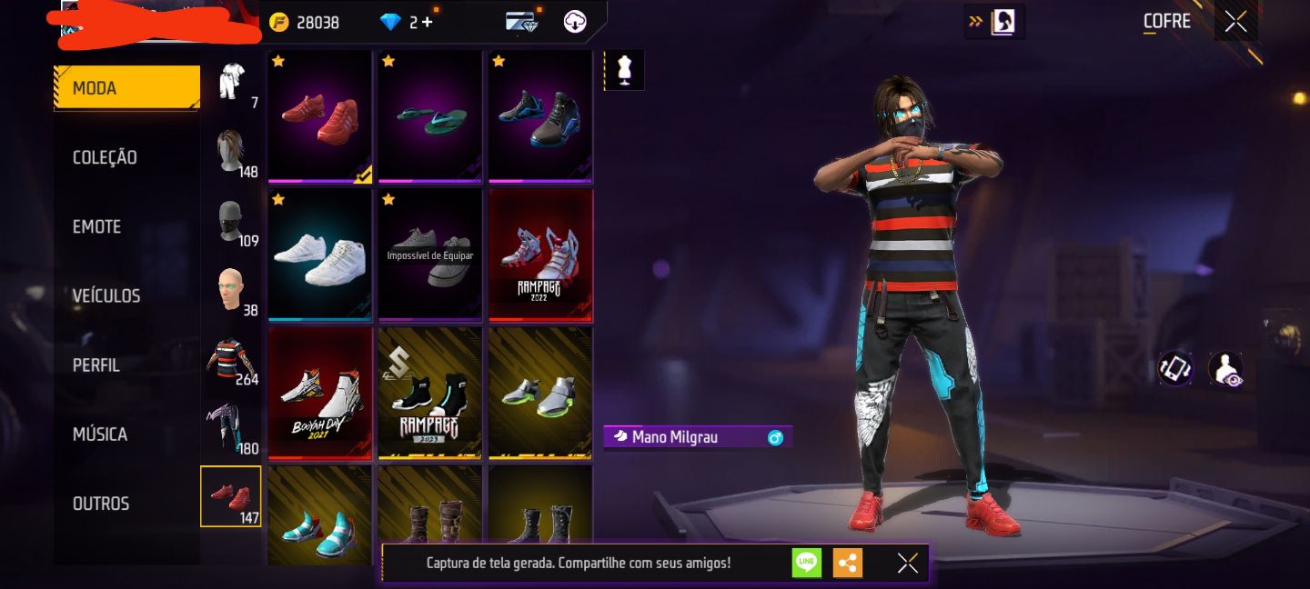 Conta Rara Free Fire Nível 63 com calça angelical e vários passes