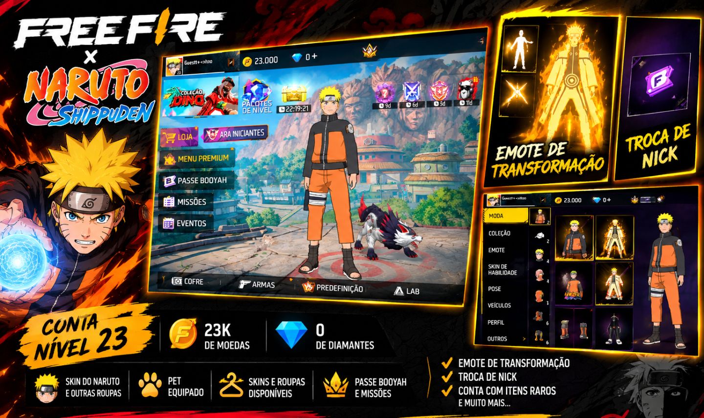 Free Fire Naruto + Emote de Transformação + Troca de Nick | Nível 23
