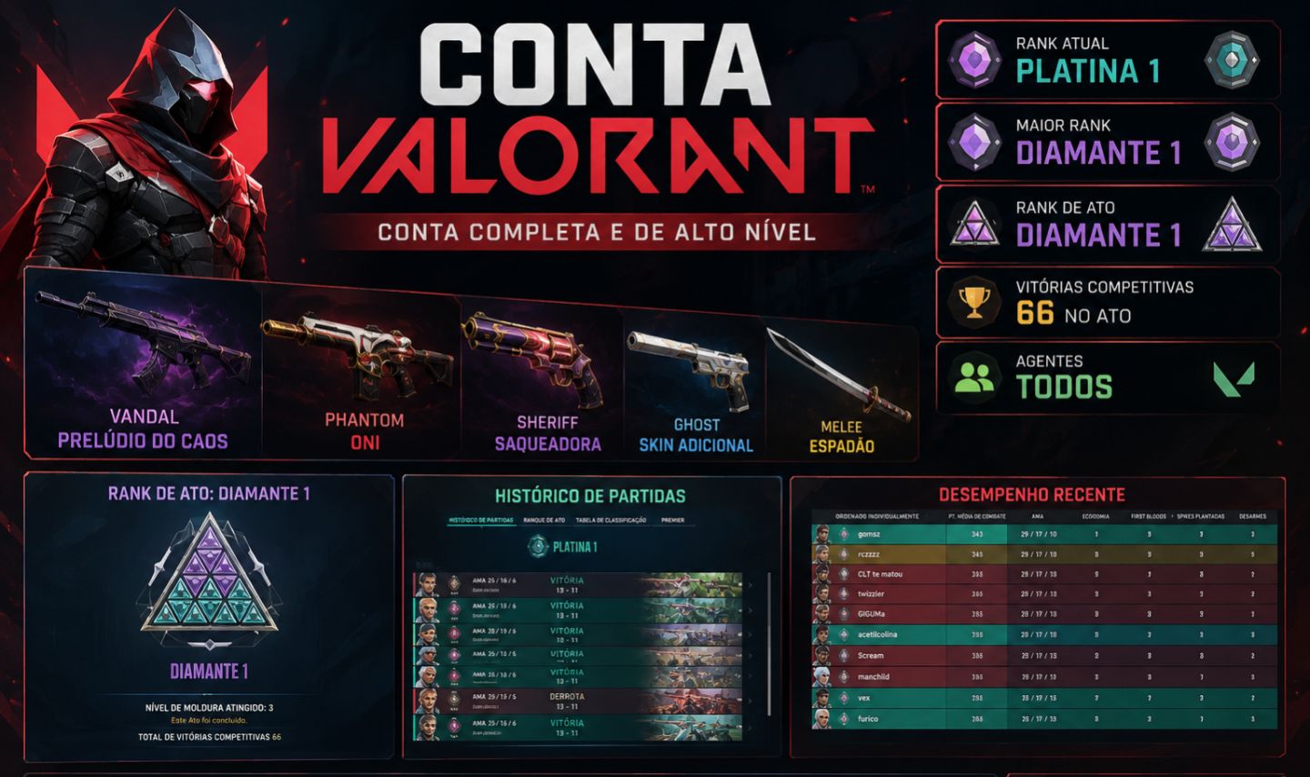 CONTA VALORANT | PLATINA 1 | MÁX D1 | ONI + PRELÚDIO (negocio,quero logo)