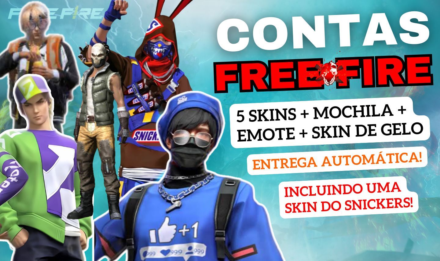 CONTAS FREE FIRE COM 5 SKINS (INCLUINDO SNICKERS) + MOCHILA, EMOTE, SKIN DE GELO