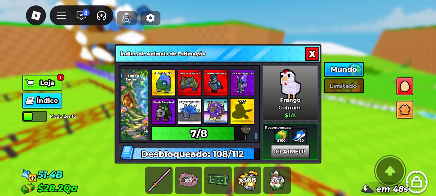 ÍNDICE 96% | PETS E OVOS 1B+ | CERCADO E ESTEIRA MAX | 4 SKINS ROBLOX