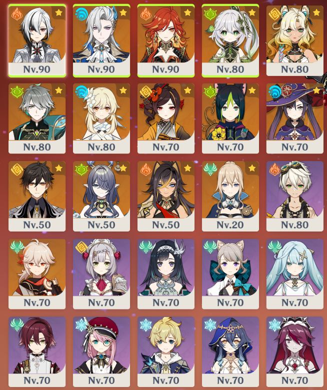 ARLECHINO+(BIS), NEUVILETTE, MAVUIKA, XILONEN, KAZUHA, NAHIDA, LAUMA, ZHONGLI
