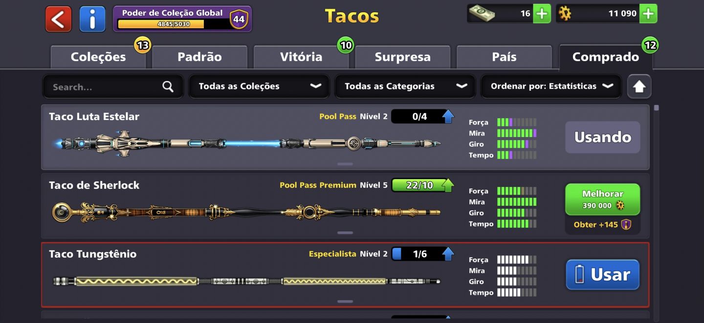 Conta de 8 ball pool muito boa nível 44 com muitos tacos fortes