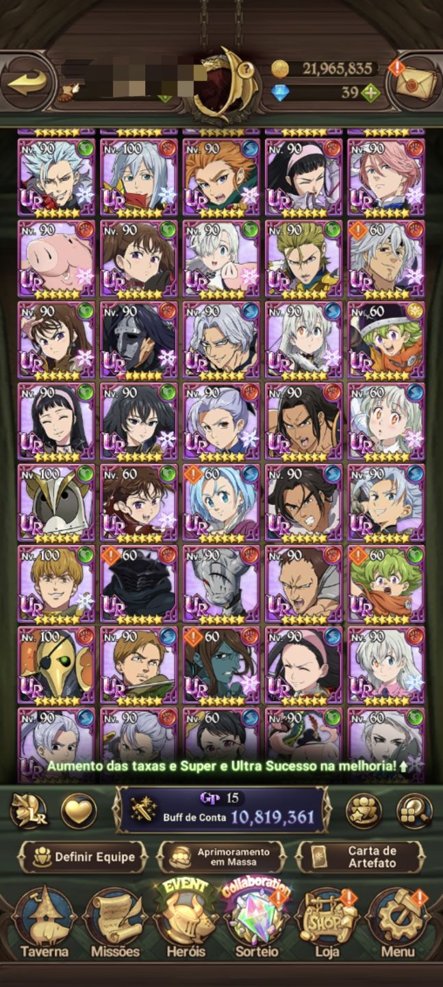 | Conta 7DS Grand Cross | Gawain, Collabs + IF's | Campeão V | 11.2M+ BOX |