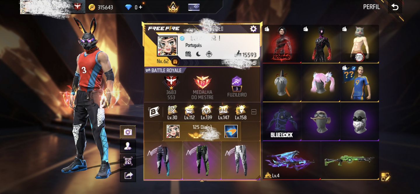 CONTA FREE FIRE LVL 62 | 310 ITENS | 55 MÍTICOS | 126 ÉPICOS | ARMAS EVOLUTIVAS