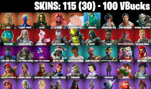 115 Skins - Doom, Solid Snake, War Machine, Gwenpool, Emma Frost, 100 vbucks