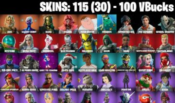 115 Skins - Doom, Solid Snake, War Machine, Gwenpool, Emma Frost, 100 vbucks