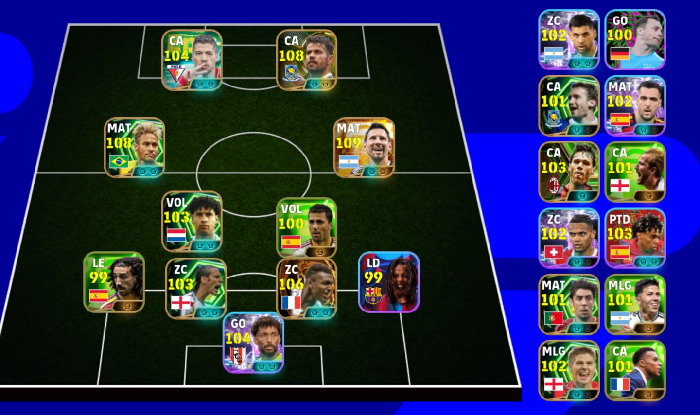 Conta efootball com messi 110, neymar 108, desaily 107 e diego costa 108