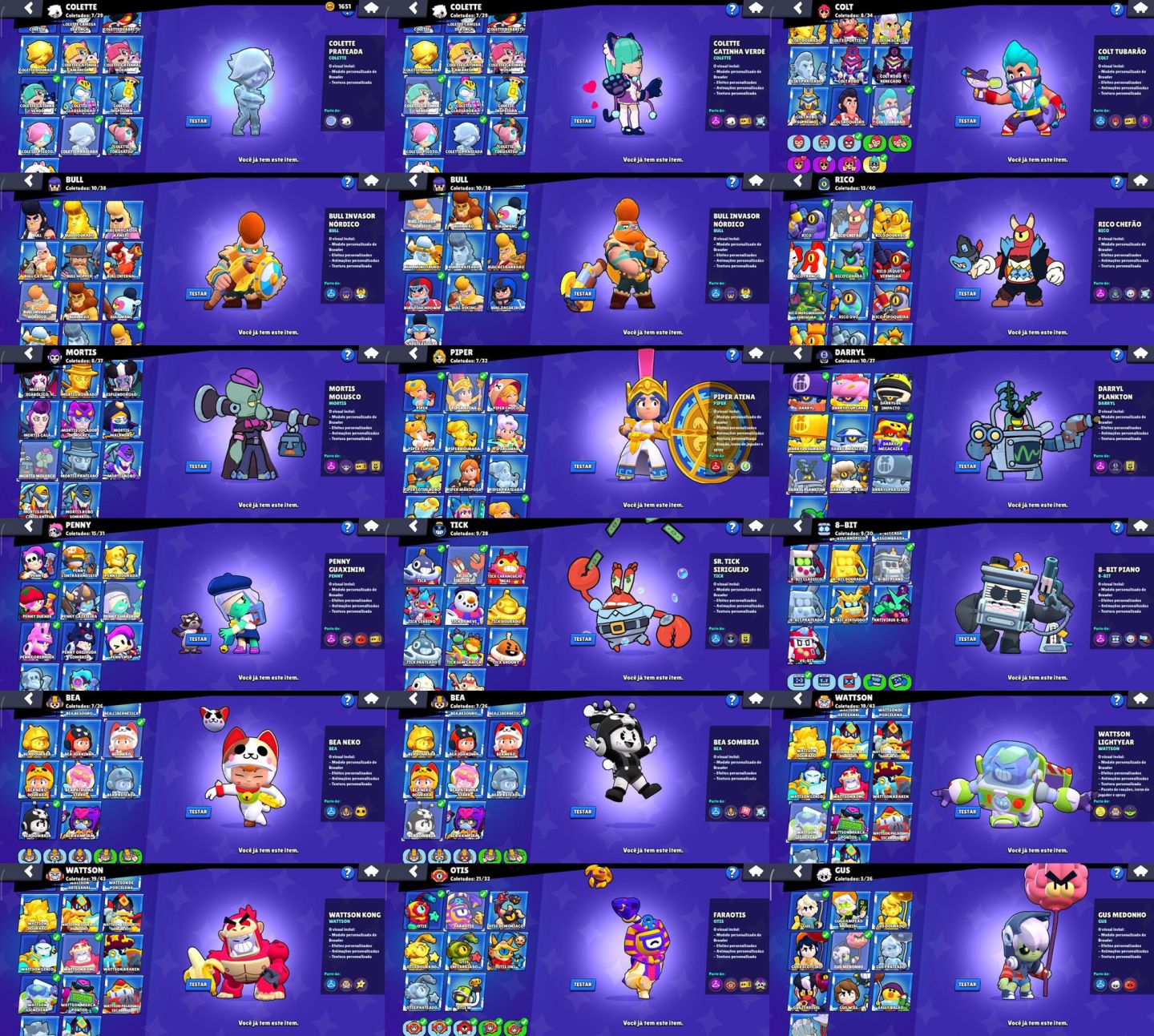 Conta brawl star bob sponja várias skins