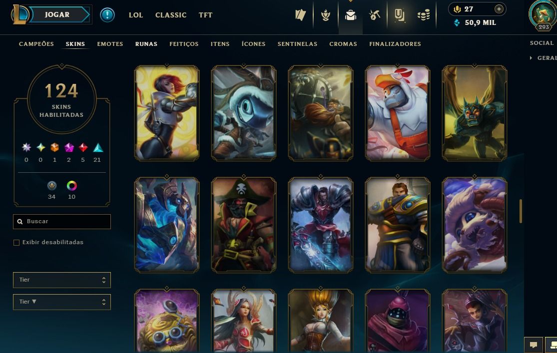 Full Acesso - 124 Skins - Todos Campeões - Level 293 - 50 Mil Essencia Azul
