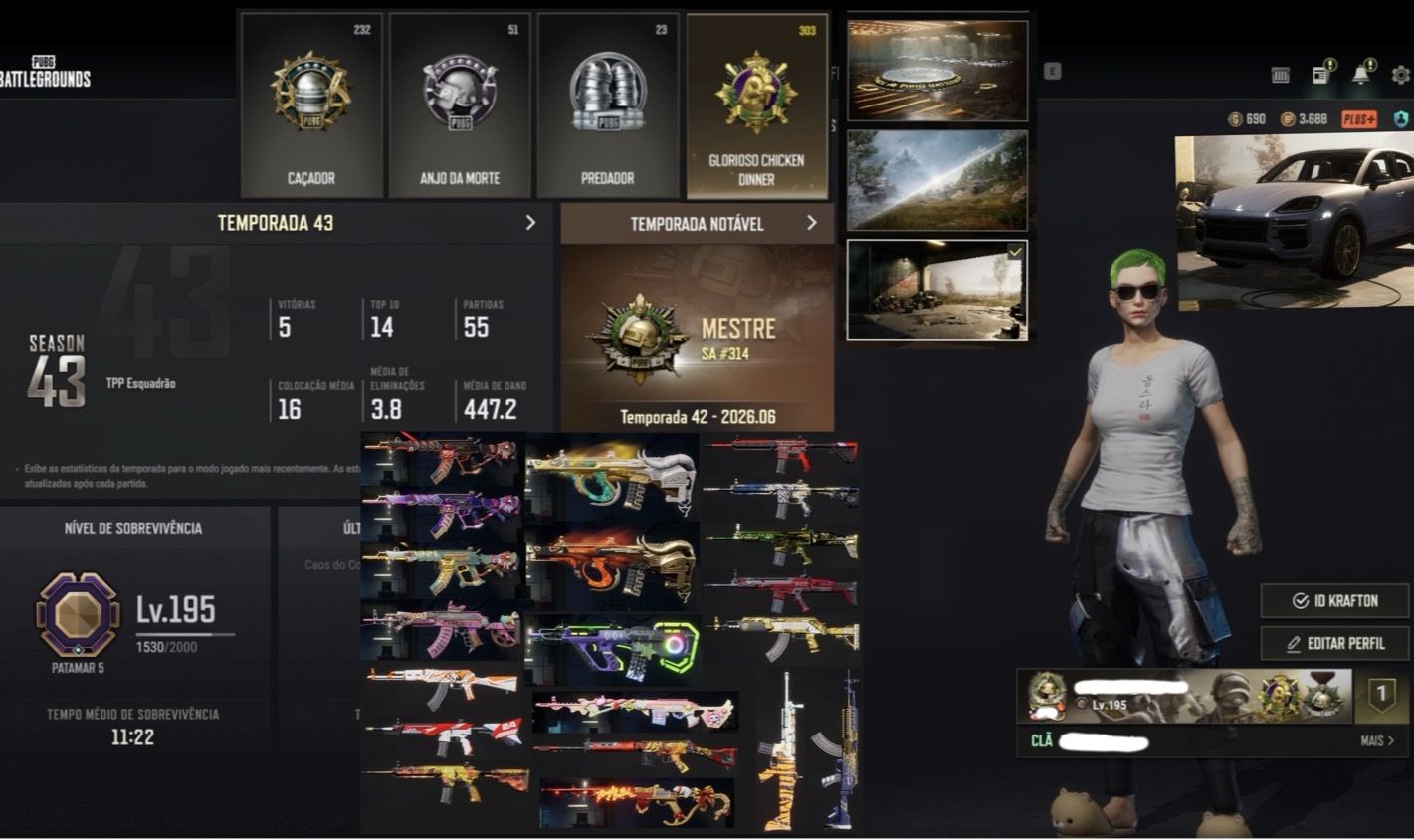 CONTA PUBG LVL500 7 PROGRESSIVAS 6500H + CARRO + SKINS RARAS