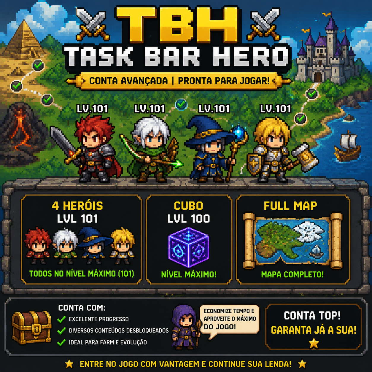 TBH TASK BAR HERO | 4 HERÓIS 101 | CUBO LVL 100 | FULL MAP