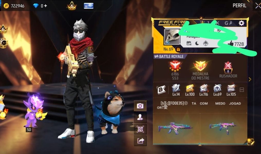 Conta Free Fire Top | Barbinha, Sombra Roxa, Bandeirão | SCAR Evolutiva Nv Max