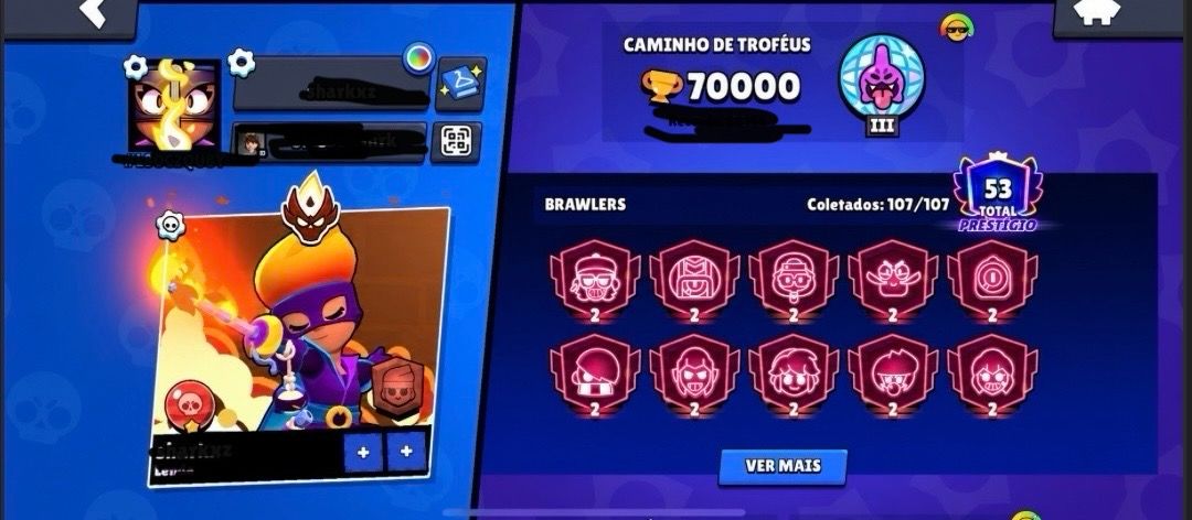CONTA COM TODOS BRAWLERS LIBERADOS QUASE MESTRE 2 70K TROFEUS