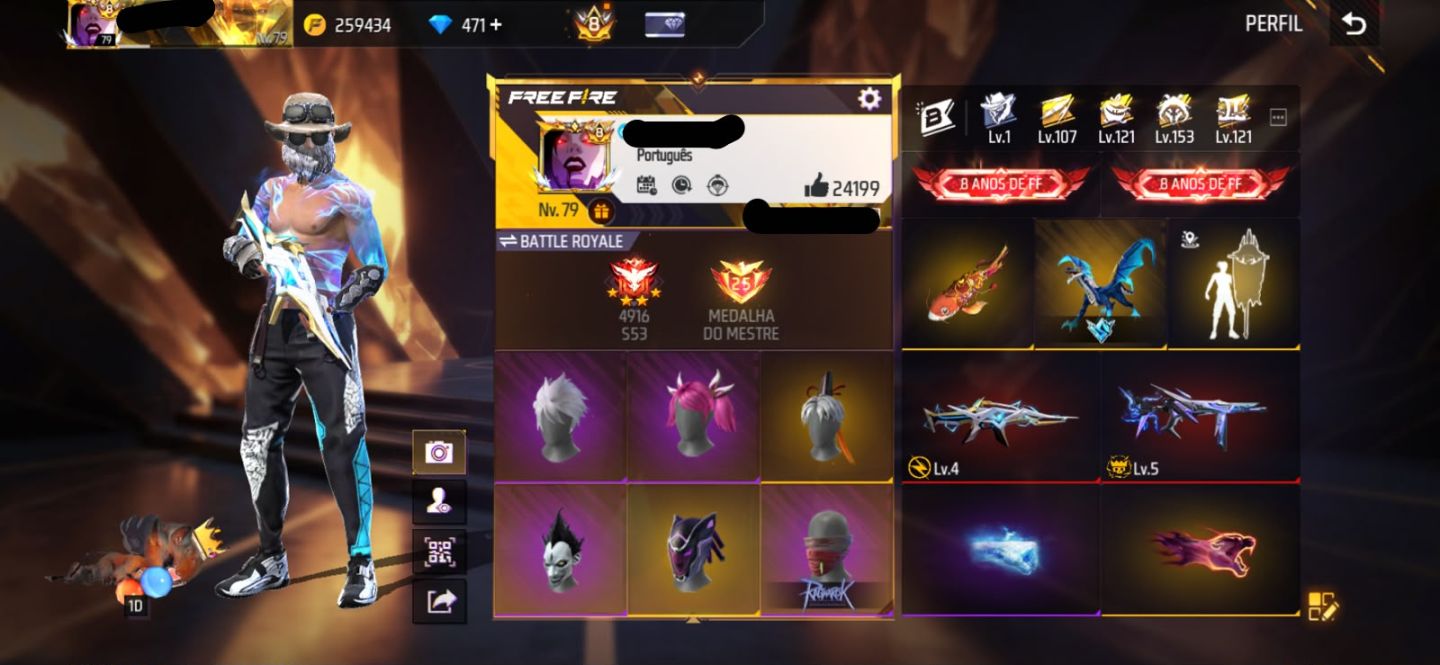 Conta free fire gemada com ragnarok, barbinha, punho, 800+ peitorais, prime 8