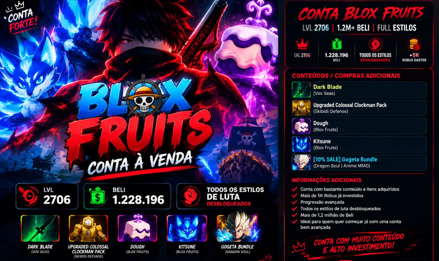 BLOX FRUITS | LV2706 | FULL ESTILOS | DOUGH(PASSE) + KITSUNE(PASSE) | +5K ROBUX