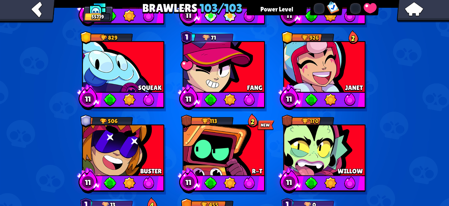 [55K TROFÉUS]CONTA FULL BRAWLERS(103/103)-25 HYPERCHARGES-MUITOS LEVEL 11 FULL