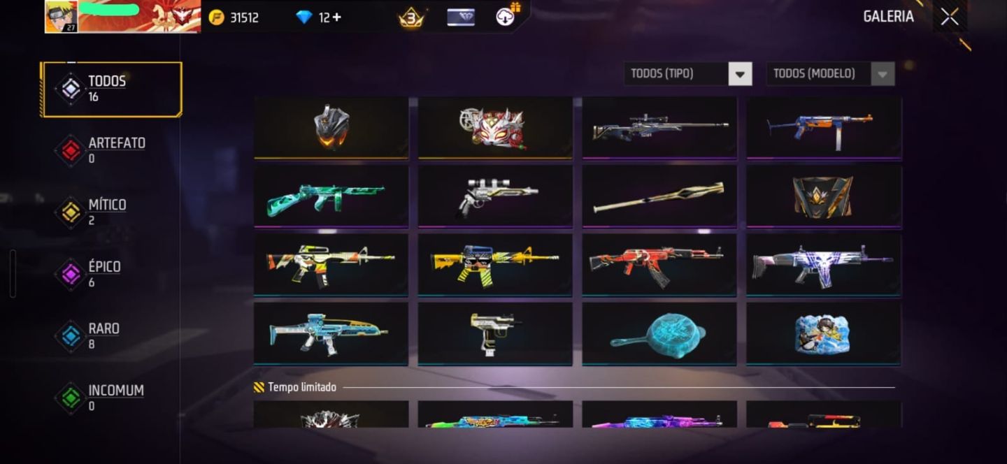 Conta free fire C Naruto, Kakashi, Jiraya, Sakura, Hinata e Asa Delta Nove Cauda