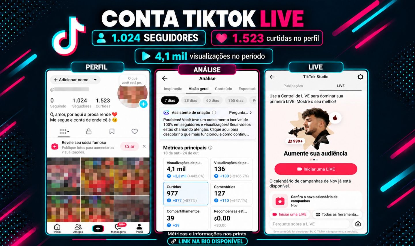 CONTA TIKTOK LIVE 1.024 SEGUIDORES REAIS | LINK NA BIO