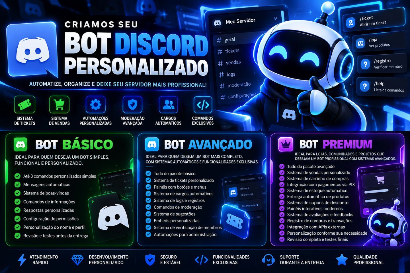 Crio Seu Bot Personalizado Discord | Tickets, Vendas e Automações