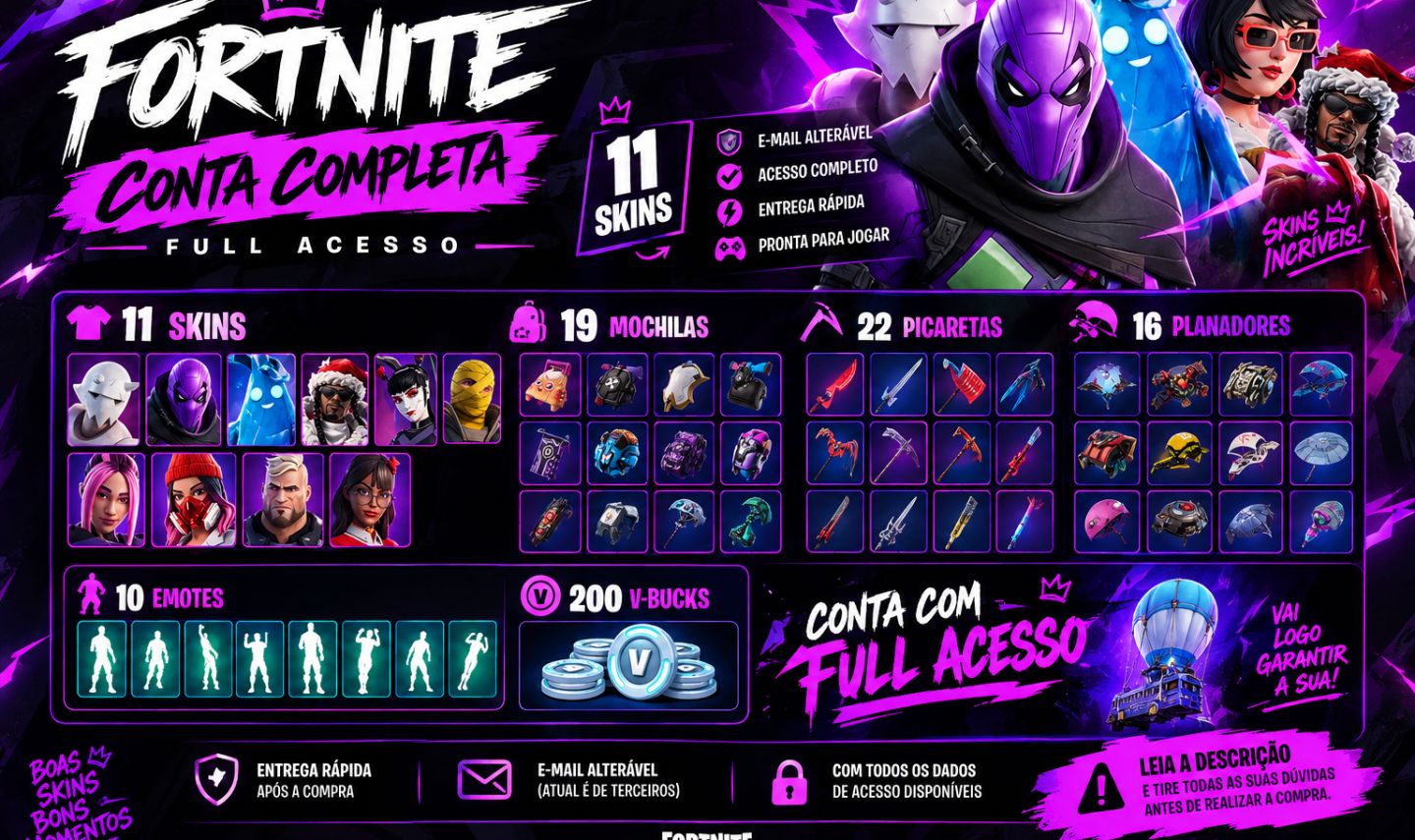 CONTA FORNITE FULL ACESSO (e-mail trocável) 11 skin 200 v-bucks