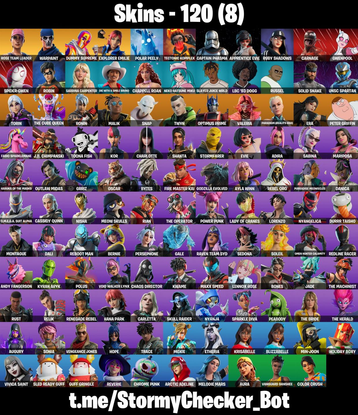 CONTA FORTNITE DUMMY SUPREME, AURA, COLOR RUSH 120 SKINS