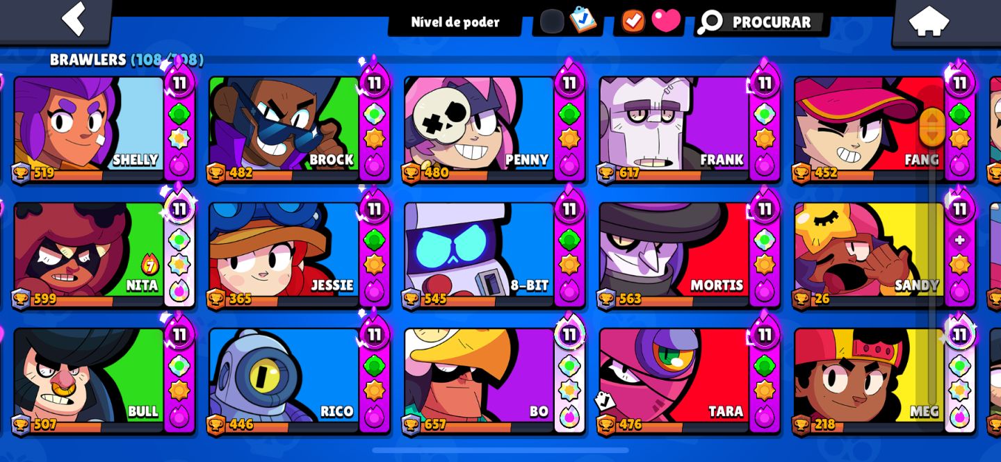 CONTA BRAWL STARS 100% FULL BRAWLERS (108/108) | 34K TROFÉUS | 2 PASSES A