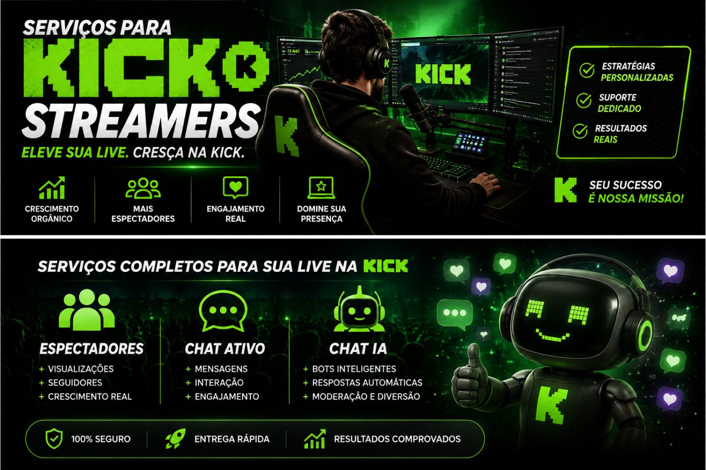 KICK.COM - ESPECTADORES - SEGUIDORES -VISUALIZAÇÕES - CHATBOT I.A