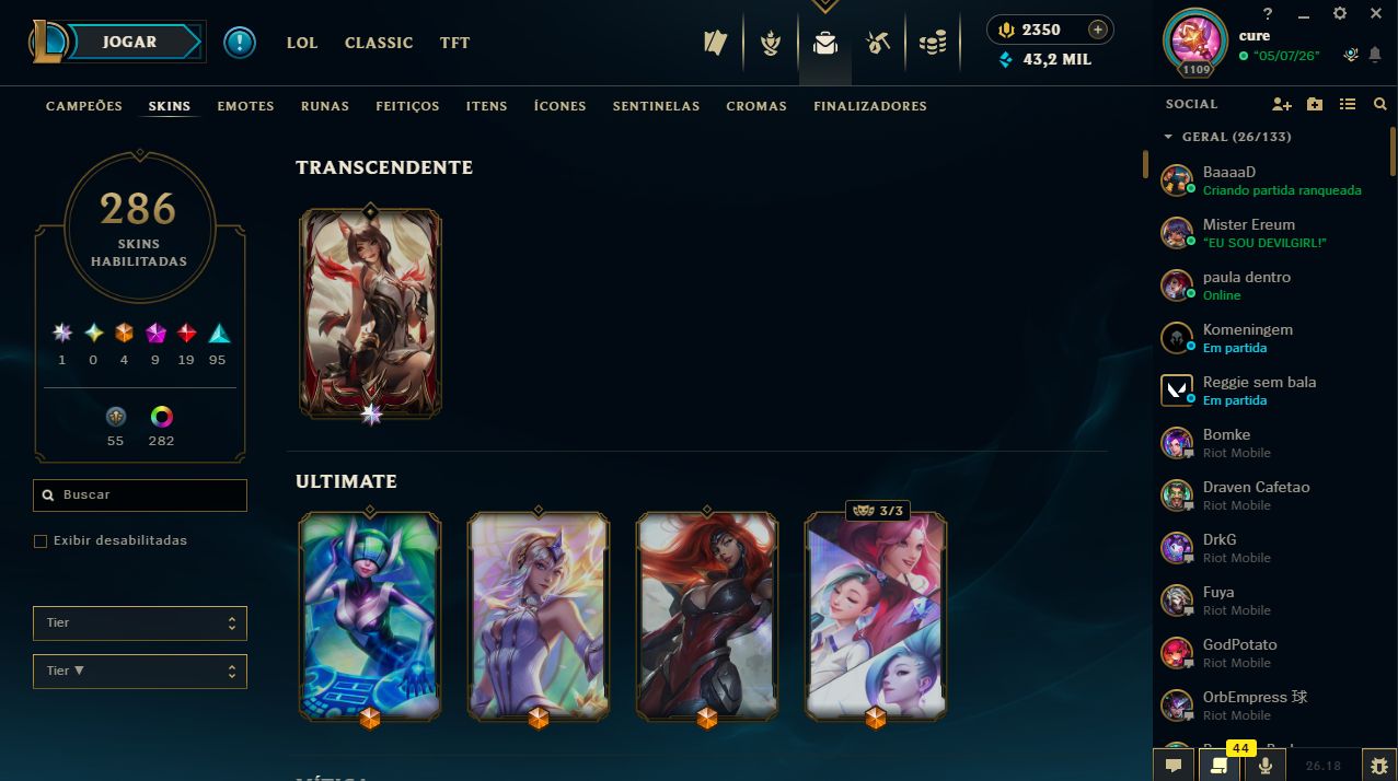 CONTA LVL 1109 | 286 SKINS | 4 ULTIMATES | 1 TRANSCENDENTE | 2350 RP