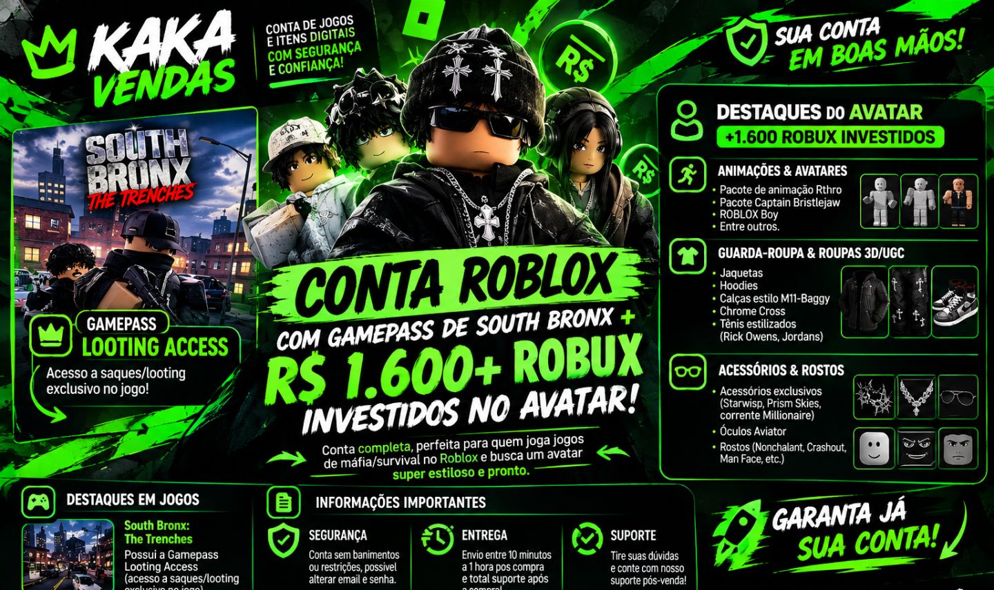 CONTA ROBLOX | GAMEPASS LOOTING ACCESS (SOUTH BRONX) +1600 ROBUX EM AVATAR