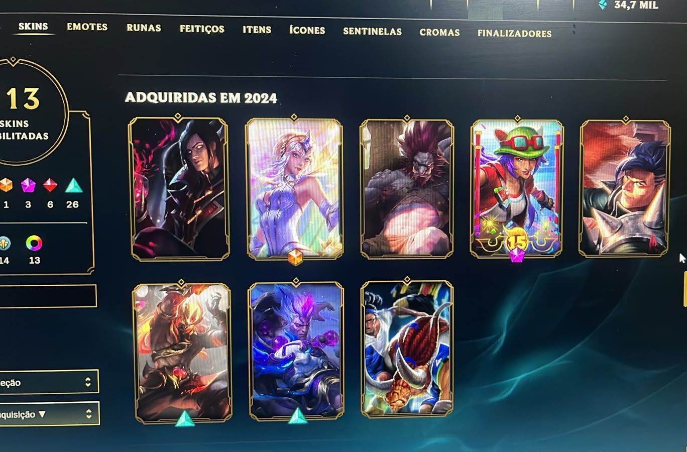 Conta no LoL, Esmeralda I, Todos os campeões, 113 skins, nivel 274.