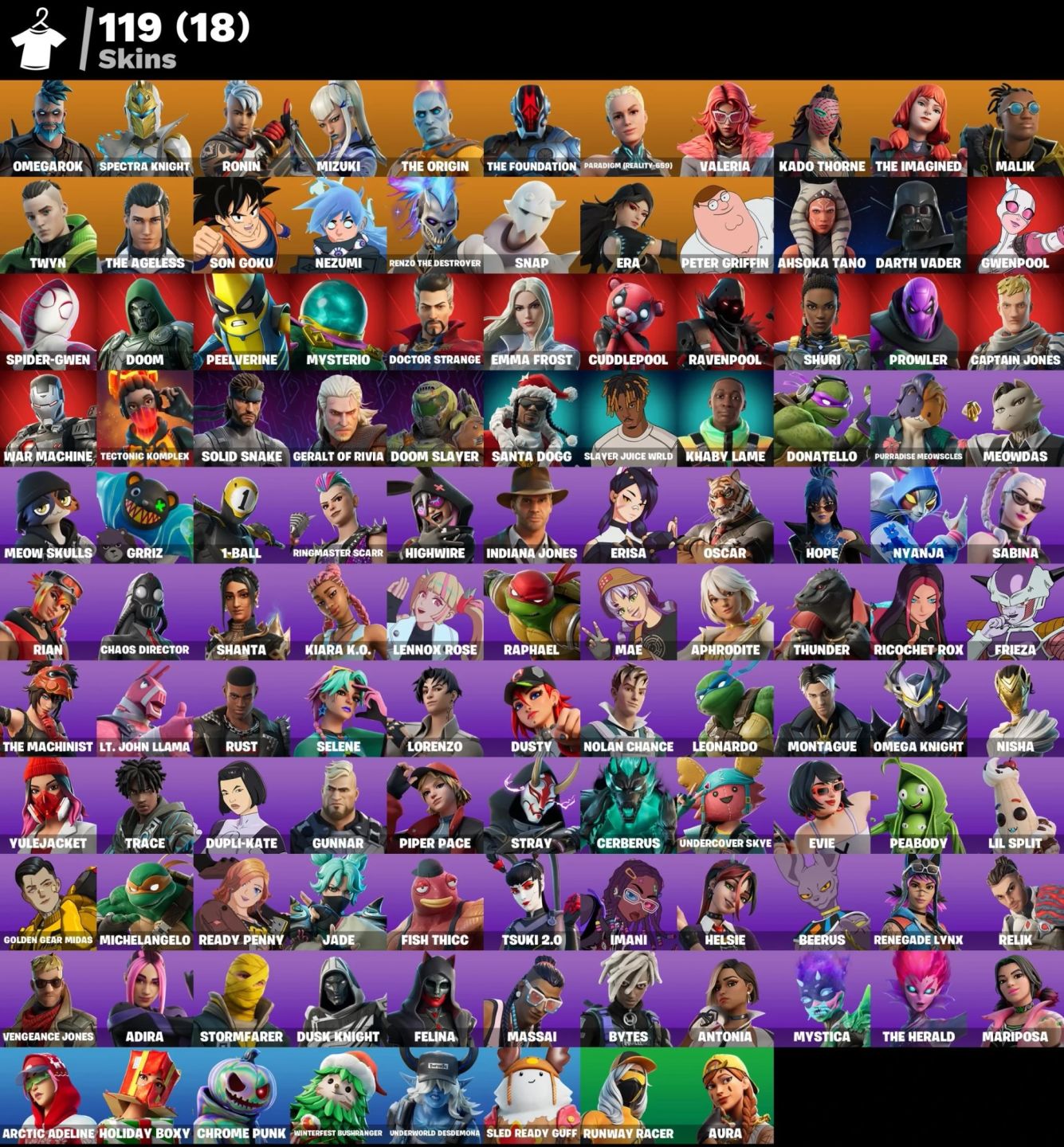 Fortnite 119 Skins / Omegarok | Spectra Knight | Ronin | Mizuki | The Origin dia