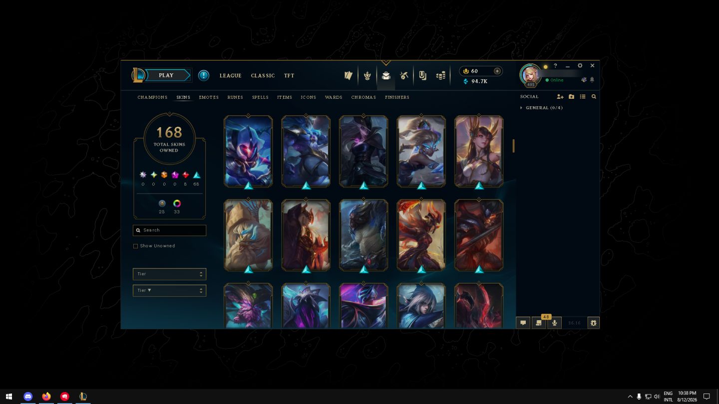 CONTA LOL - 168 SKINS | LVL 492 - 8 legendarys - 68 epics - 33 chromas