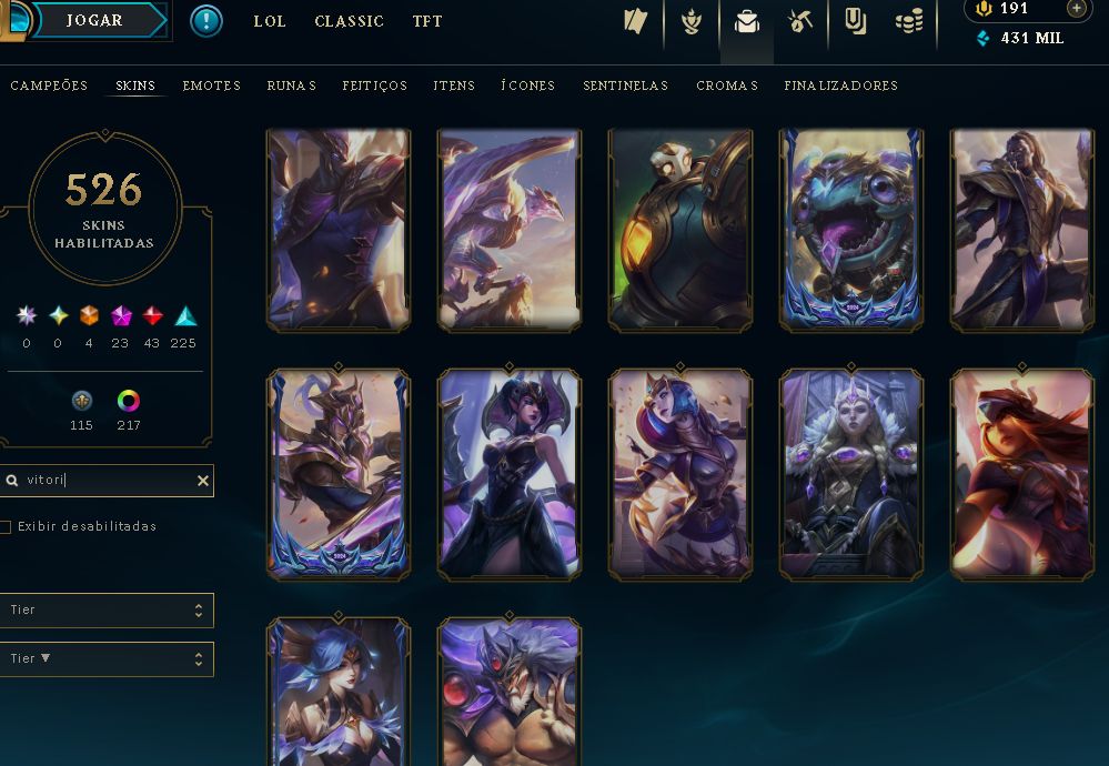 CONTA COLECIONADOR|526 SKINS|SIVIR CAÇADORA/NEO PAX|QIYANA+AATROX PRESTÍGIO2022