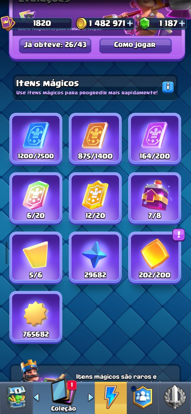 CONTA CLASH ROYALE :FULL Torre do Rei 16 | 17 Cartas Max 26 Evoluções 20 Skins
