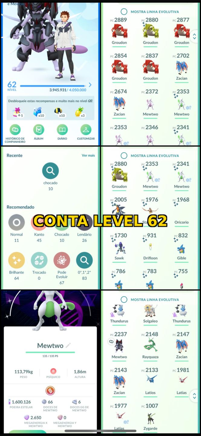 CONTS LEVEL 30+ POKEMON GO + LENDÁRIOS + BRILHANTES