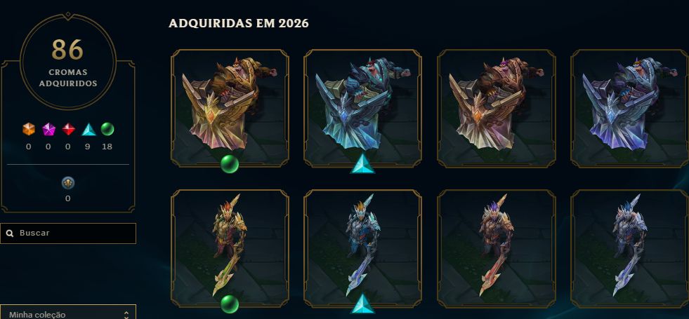 Conta de lol de 2015, 259 skins, 66 legadas e 3 ult, diversos itens de evento